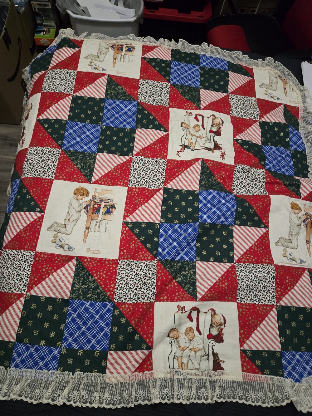 Children's Patchwork Quilt Throw in Red, Blue, Green and White